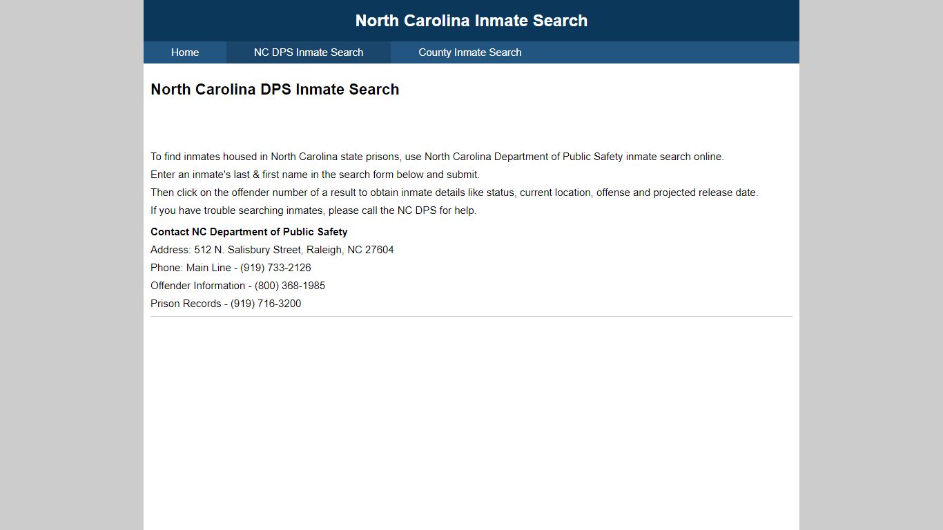 North Carolina DPS Inmate Search
